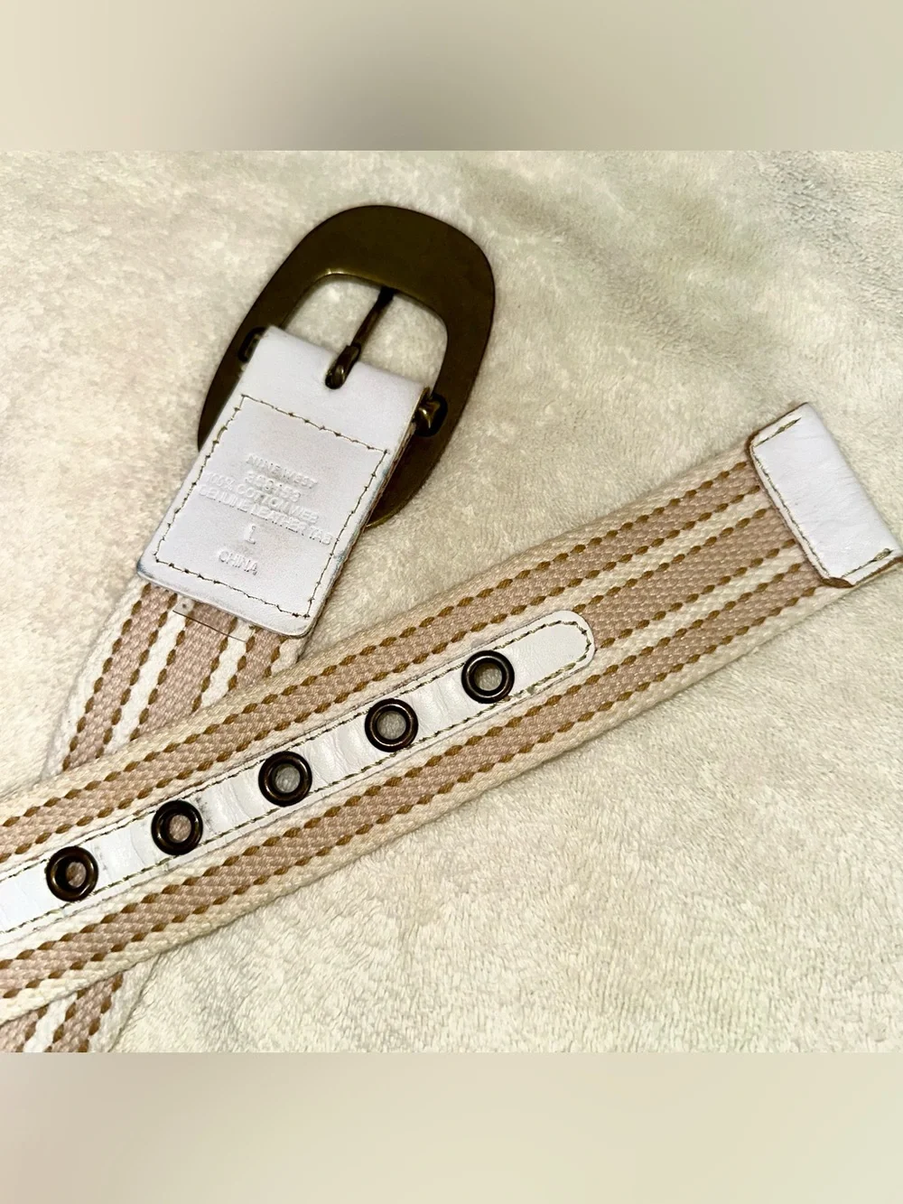 Nine West Vintage Y2K Cotton Web Belt Striped White Leather Brass Buckle Large